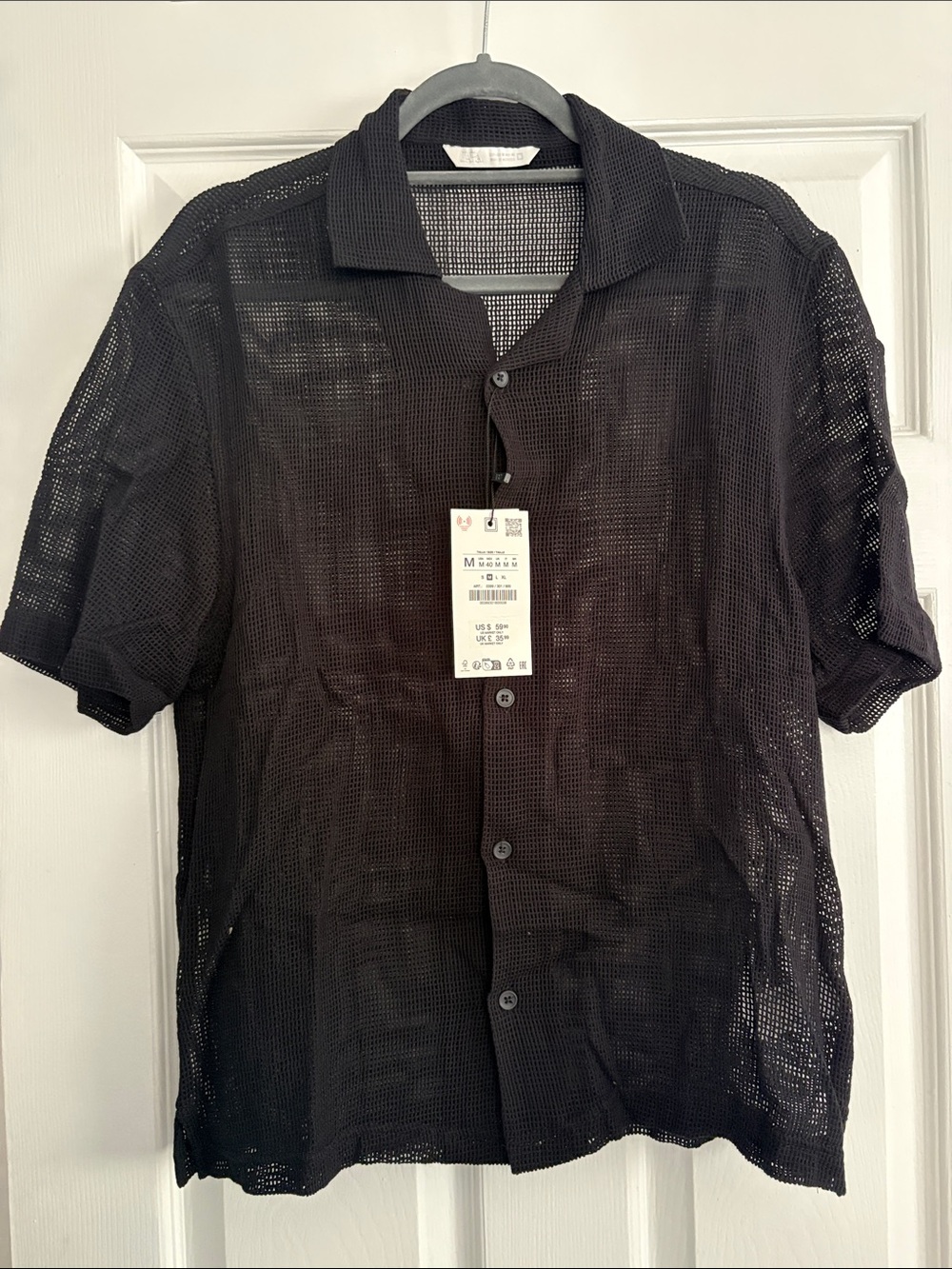 Zara Black Mesh Short Sleeve Button-Front Polo
